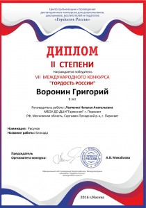 ДИПЛОМ II степени VII международного конкурса "Гордость России", номинация: Рисунок - Воронин Григорий, 8 лет
